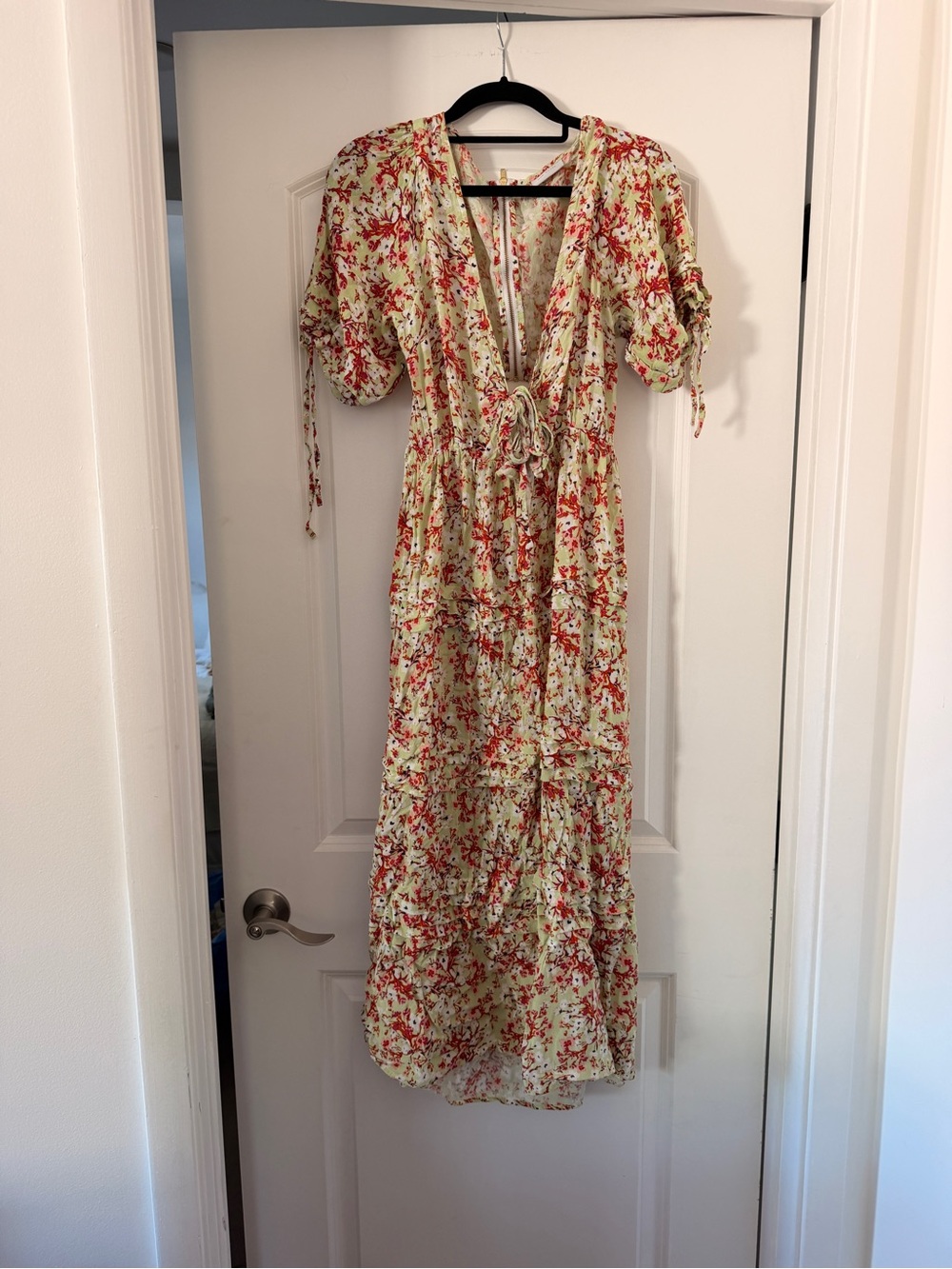 V-Neck Floral Maxi Dress in Cream with Red Print